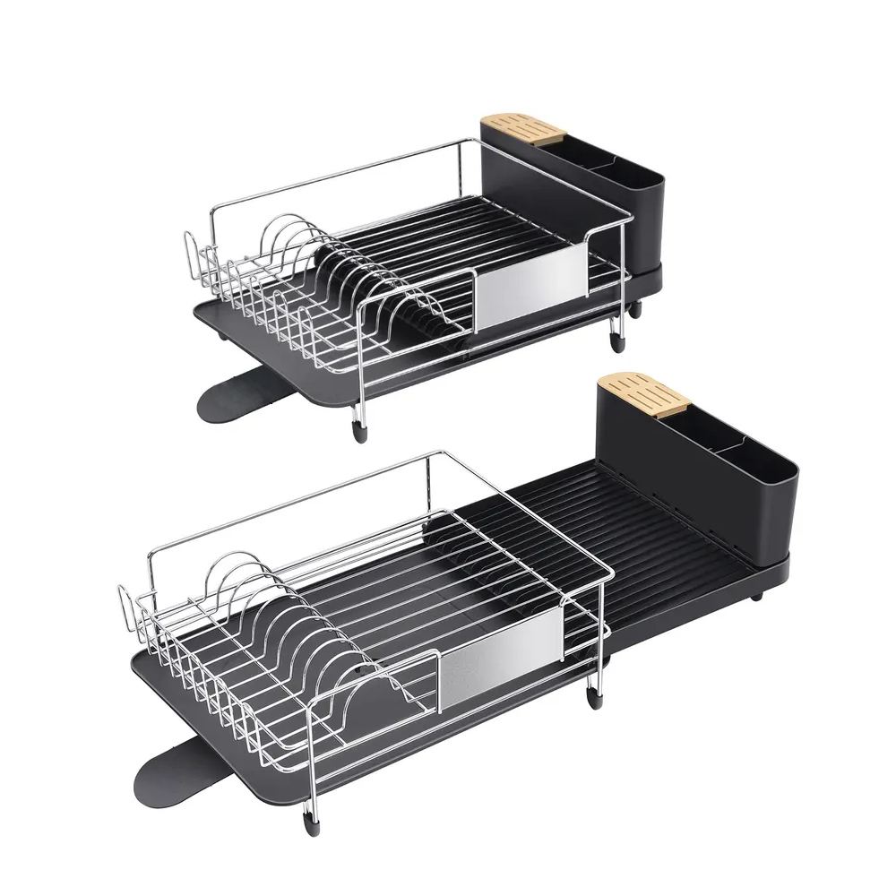 Extendable chrome and black dish drainer