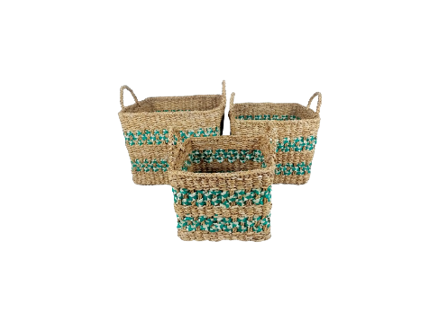 Kit 3 cestas quadradas vime natural e verde