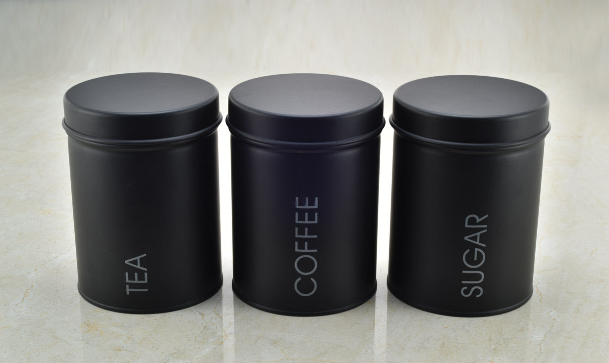 Conjunto com 3 latas para cha café e açuçar preto