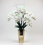 Arranjo de orquidea artificial branca e marrom no vaso