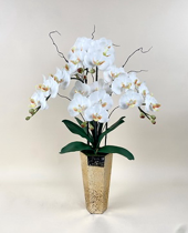 Arranjo de orquidea artificial branca e amarela no vaso