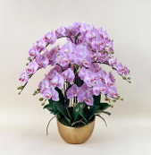 Arranjo de orquidea artificial pink no vaso dourado